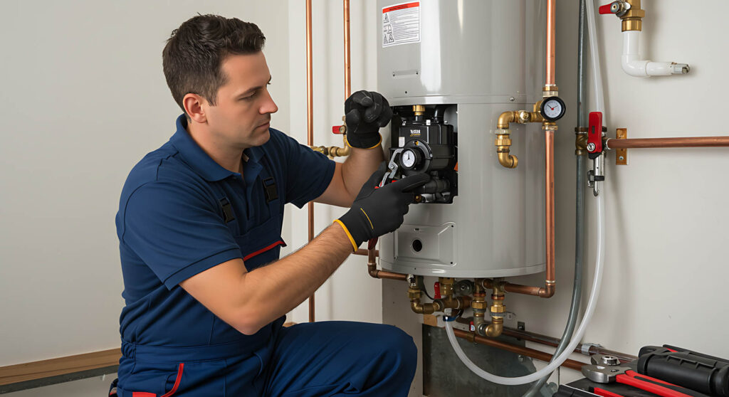 plumber working on water heater
