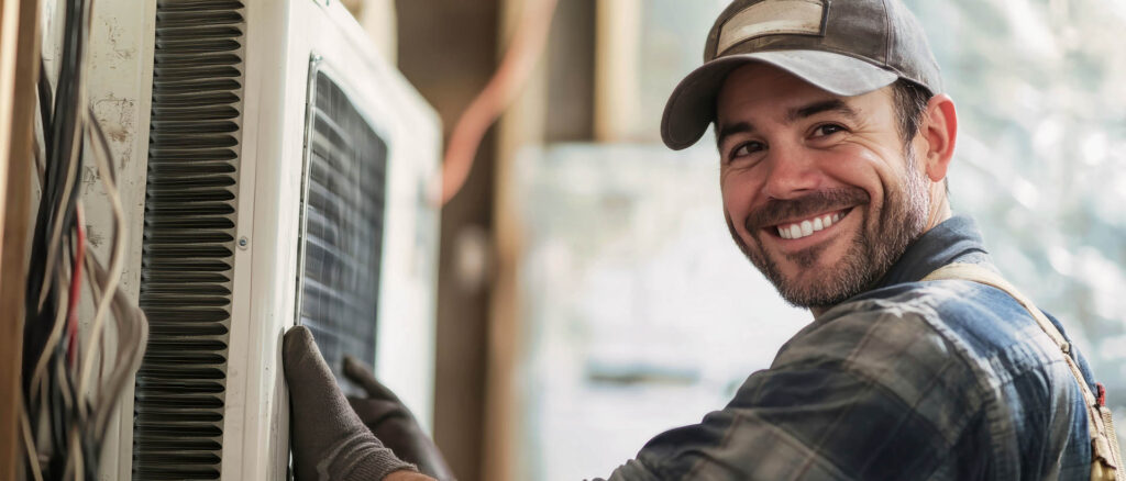 Smiling technician enjoys servicing air conditioner in cozy home environment