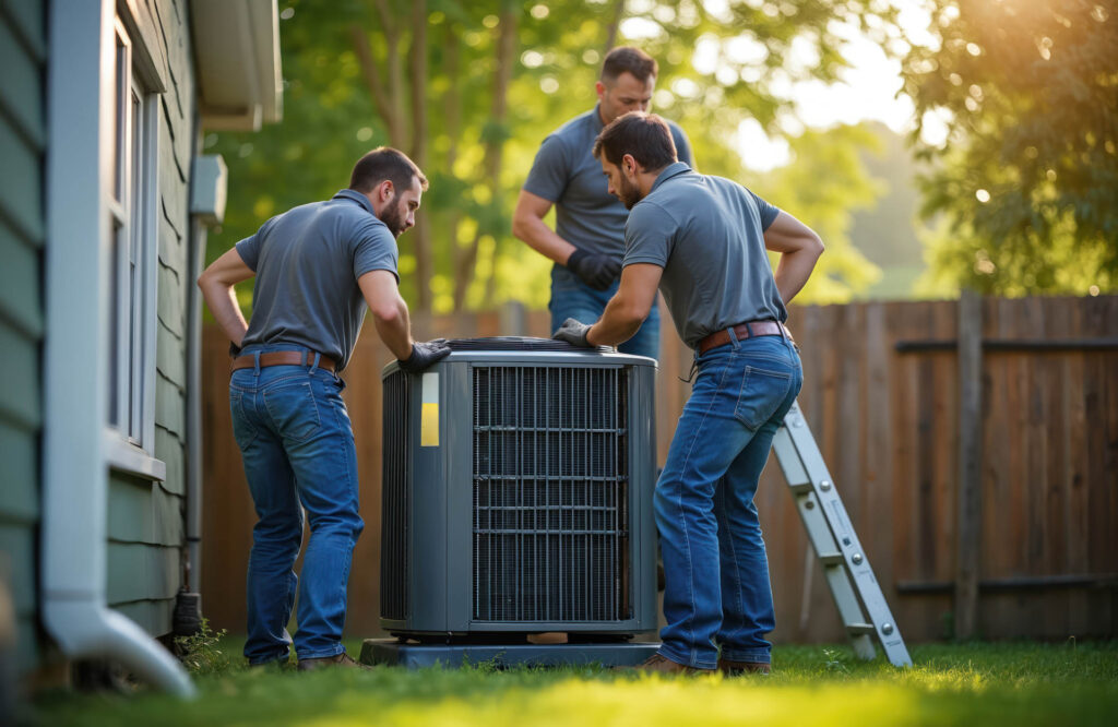 HVAC technicians install new residential air conditioning unit at house. Team of skilled service specialists, working at backyard. Cooling system repair. Summer climate tech support.