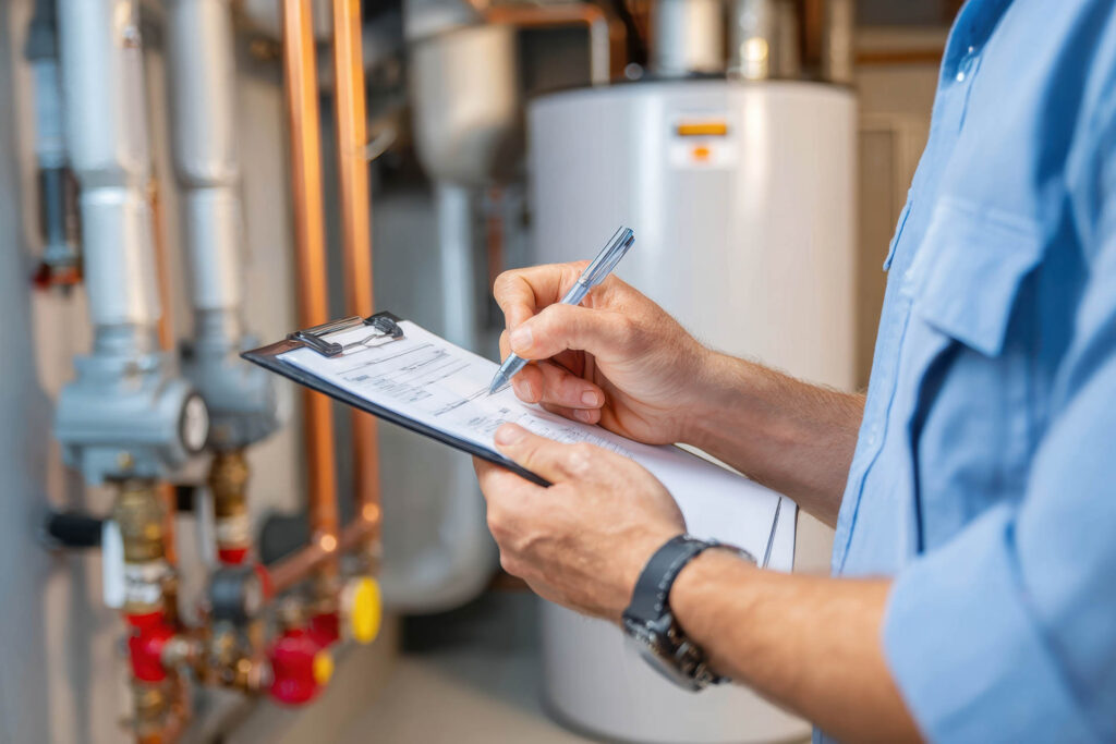 A technician inspecting a heating system, writing on a clipboard, with pipes and a boiler in the background