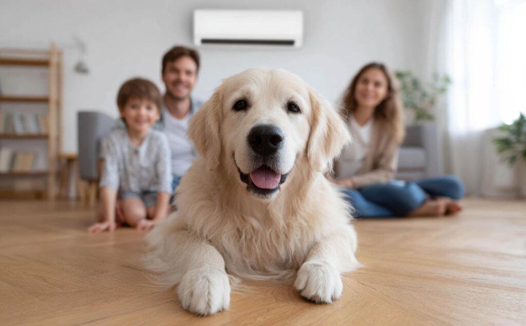 Happy golden retriever dog lying on wooden floor in front of cheerful family relaxing in cool living room with air conditioner on wall enjoying comfortable climate control at home