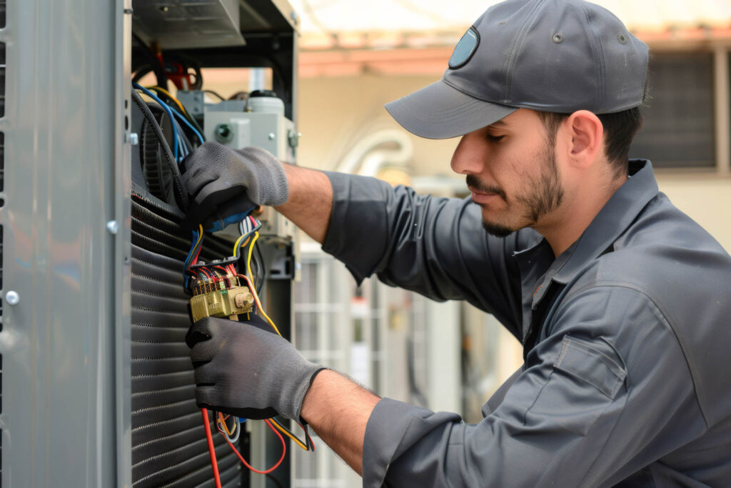 Professional hvac technician performing maintenance service on outdoor air conditioning unit, inspecting electrical connections