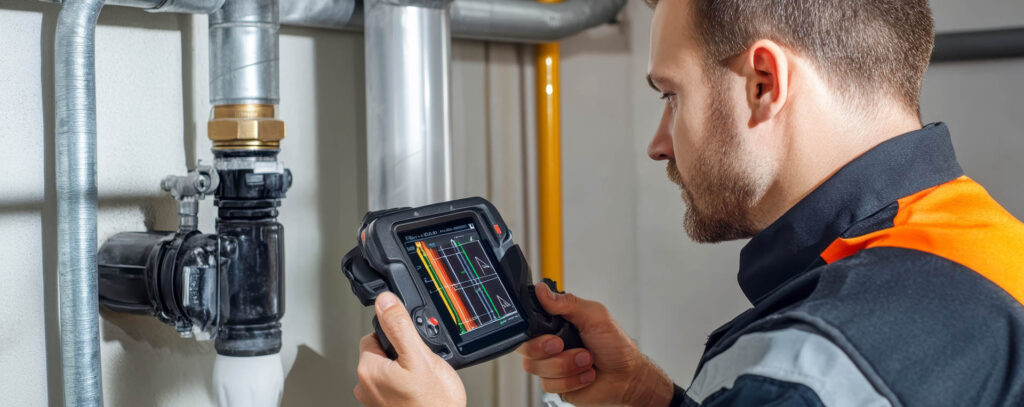 Plumber Detects Pipe Leak with Thermal Camera in a Modern Home