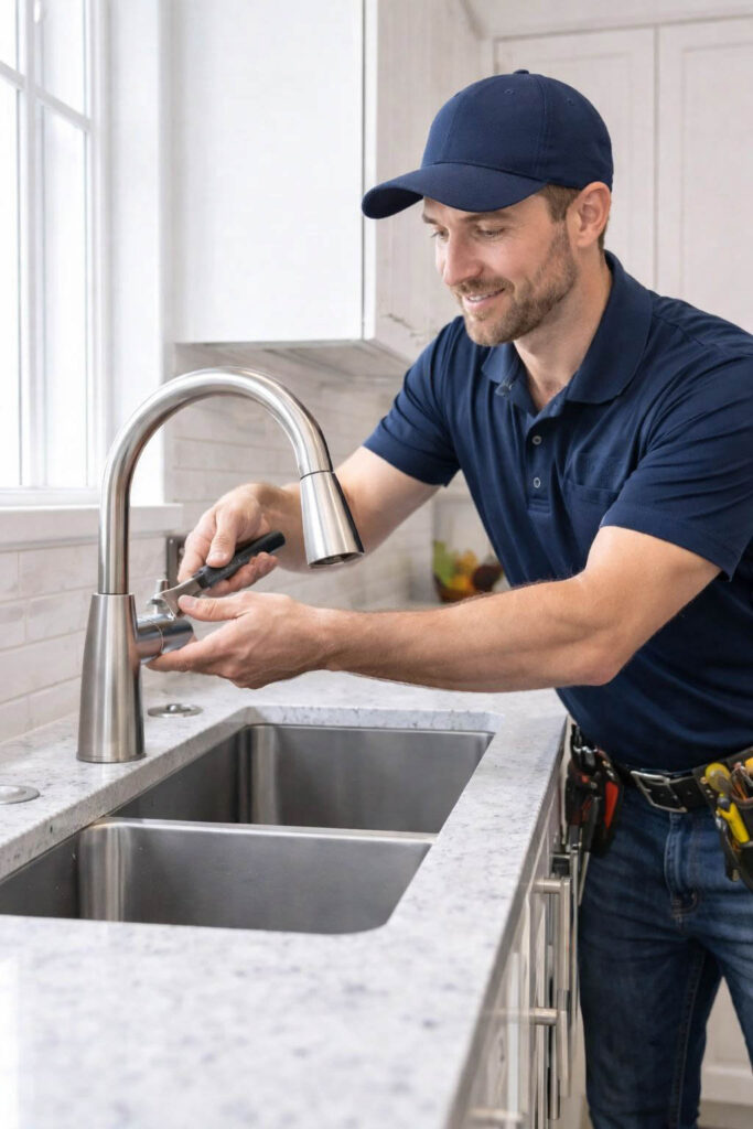 plumber working in residential home kitchen sink
