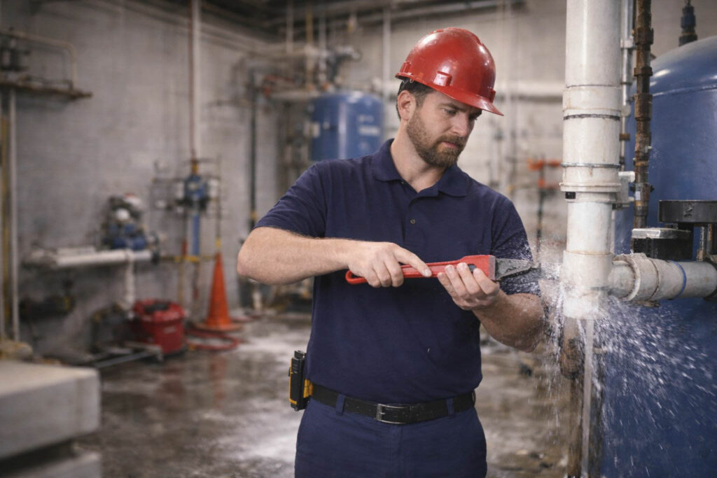 plumber working to fix water leak in commercial building